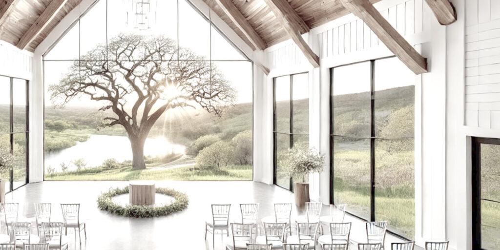 Our hilltop wedding pavilion will feature floor to ceiling views