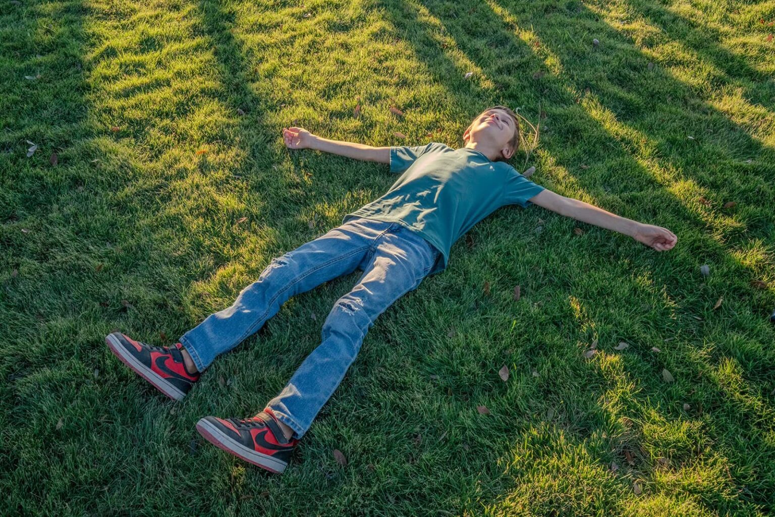 Blissfully relaxing on the lawn at sunset