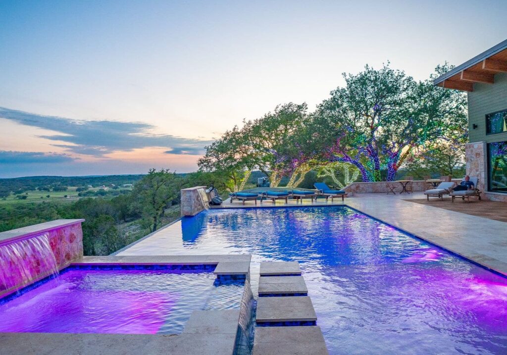 Pool and patio event space at sunset with the best sunsets in Texas