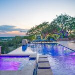 Pool and patio event space at sunset with the best sunsets in Texas