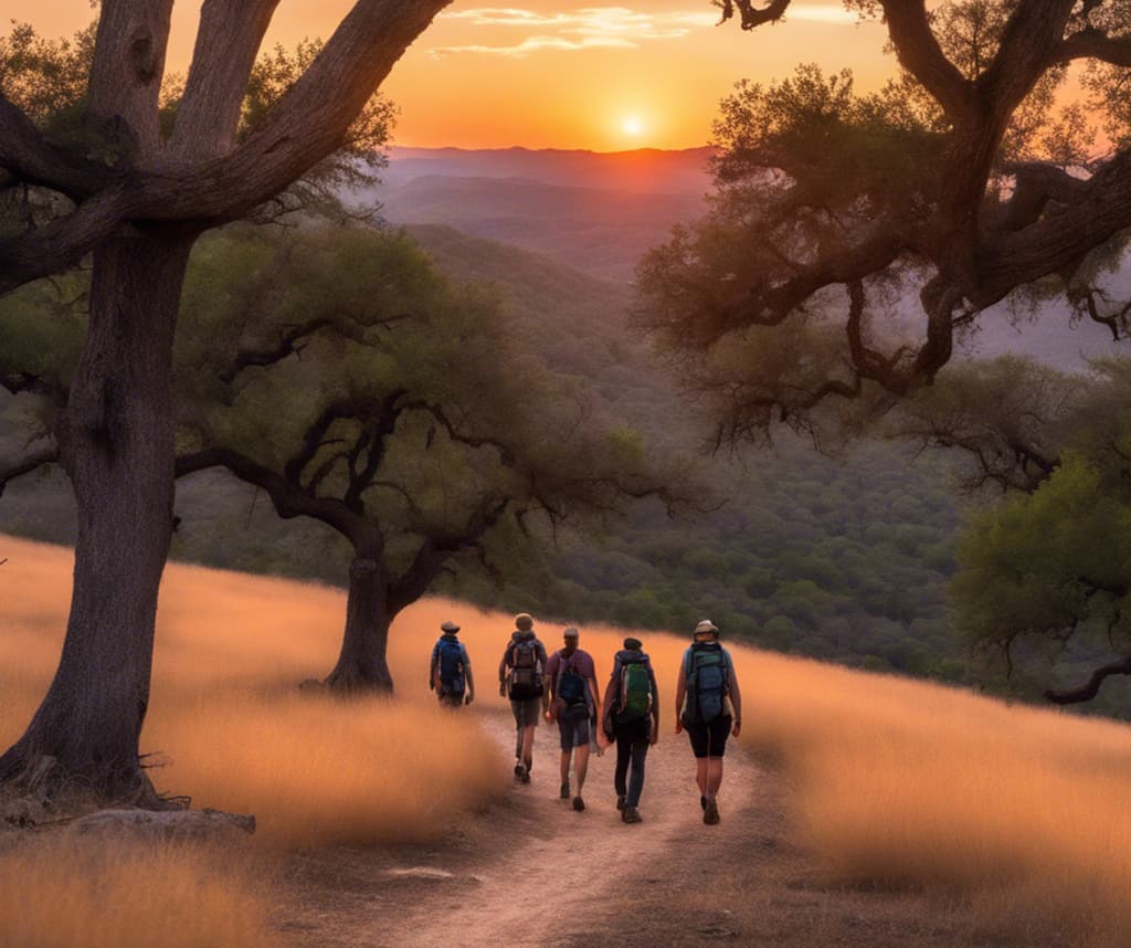 A nature adventure group off in the distance hiking up a hill country mountain under the Texas Hill Country oaks at sunset