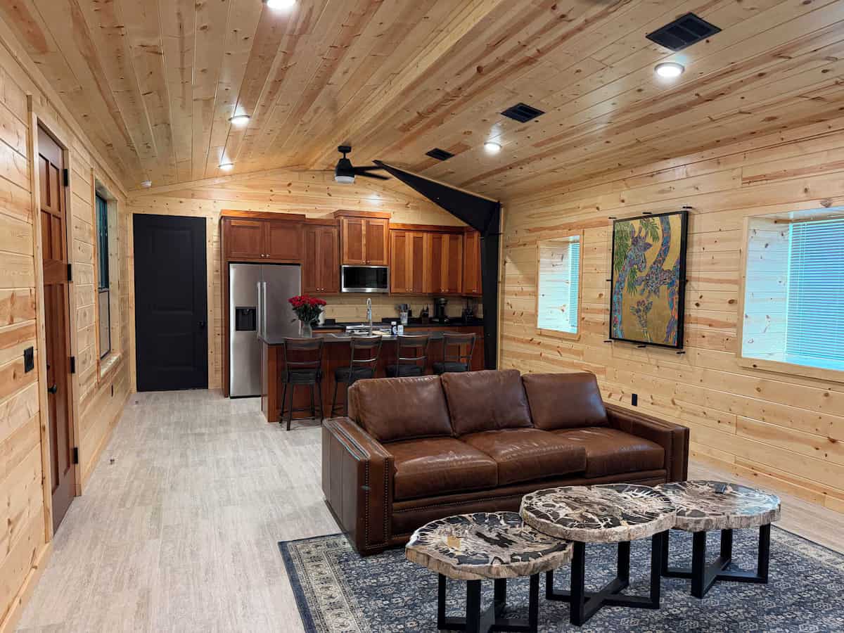 Inside Giraffe House - living room and kitchen with leather sofa
